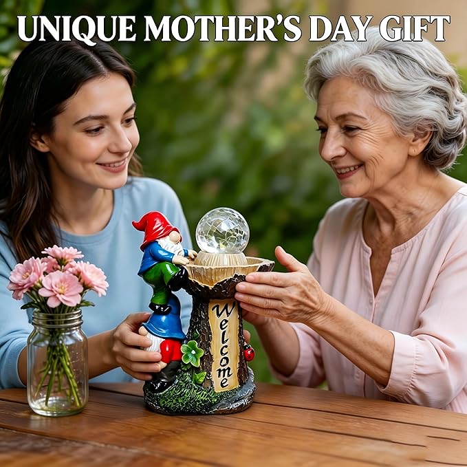 Garden Gnomes Outdoor Statue with Solar LED Lights, Solar Garden Gnomes Decorations10.4 in Funny Double Gnomes Sculptures Home Outdoor Lawn Yard Decor, Ideal Gnomes Gifts for Women/Grandma/Mom