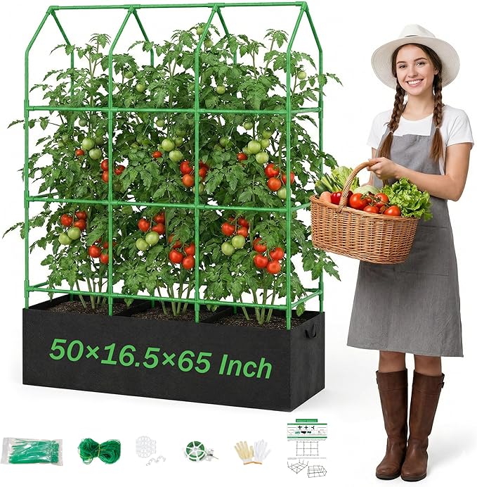 Large Cucumber Trellis with Grow Bag, 65" Tall Metal Garden Trellis for Climbing Plants Outdoor, Reusable Cucumber Trellis for Raised Bed with Netting for Tomatoes, Peas, Grapes Plant Support