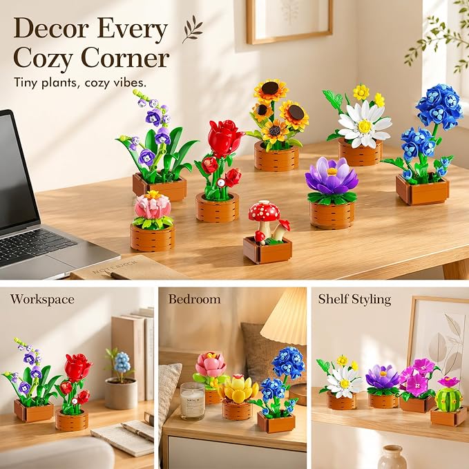 CUBIMANA 18 Unique Flowers Botanical Collection Mini Building Set, Tiny Flowers, Succulents & Plants with 3.6mm Mini Blocks, Desk Decor for Home Office, Relaxing DIY Gift for Women Adults Kids 12+