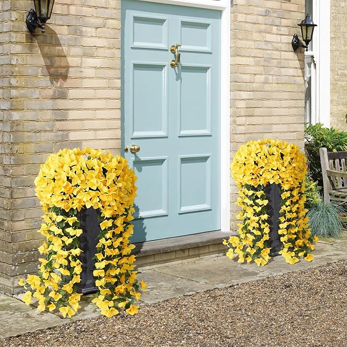 ATTGREAT Artificial Bougainvillea for Outdoors Faux Plants UV Resistant Flowers Fake Plastic Plants Realistic Silk Flowers for Porch Planter Garden Outside Hanging Decoration, 2Pcs (Yellow)