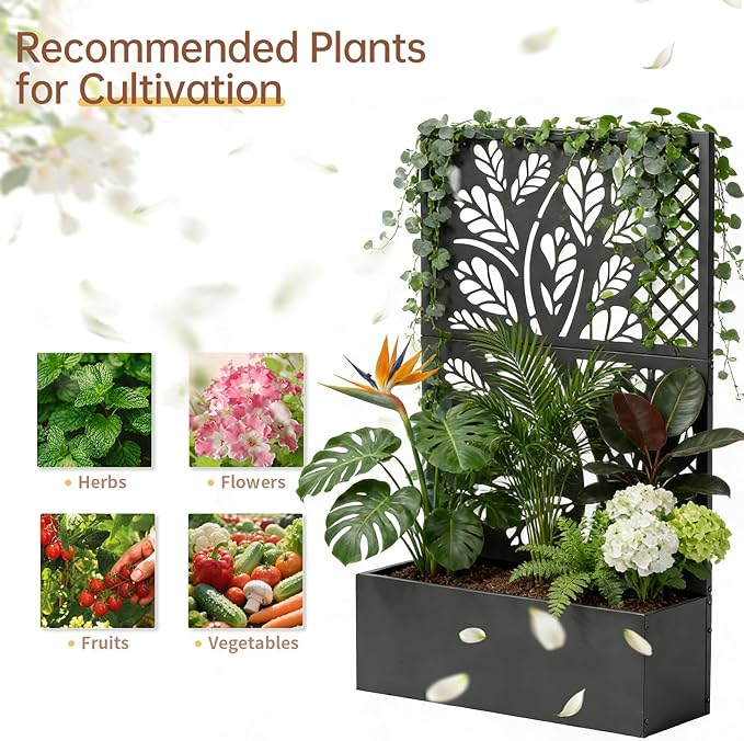 Outvita Metal Planter Box with Trellis, 43’’ x 24’’ x 9’’ Raised Garden Bed with Drainage Holes for Climbing Plants, Vegetables, Vines, Leaf Cut-Out Privacy Planters for Patio (Black)
