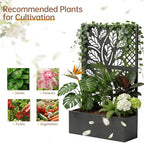 Outvita Metal Planter Box with Trellis, 43’’ x 24’’ x 9’’ Raised Garden Bed with Drainage Holes for Climbing Plants, Vegetables, Vines, Leaf Cut-Out Privacy Planters for Patio (Black)