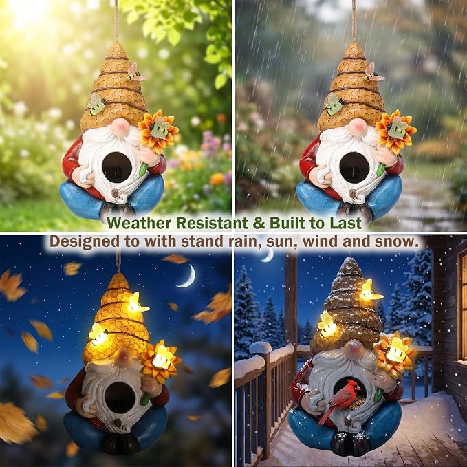 Bird House for Outside, Birdhouses for Outdoors, Decorative Bird Houses, Hanging Funny Bee Solar Gnome Birdhouse for Outside Cardinal Bluebird Wild Birds