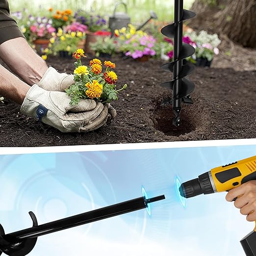 4"X25" Auger Drill bit for Planting,Double Blade Heavy Duty Garden Auger Post Hole Digger-3/8 Hex Drive Drill, for Planting Bulb & Bedding Plant