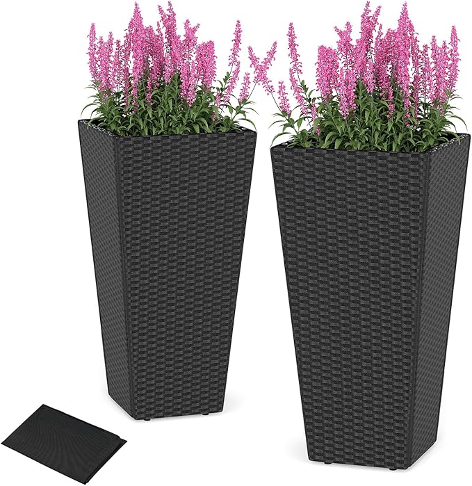 Giantex Set of 2 Outdoor Wicker Flower Pot, 30 Inch Tall Planters with Drainage System, PE Rattan Flower Pots, Indoor Outdoor Decoration for Front Porch Balcony Entryway