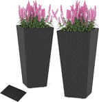 Giantex Set of 2 Outdoor Wicker Flower Pot, 30 Inch Tall Planters with Drainage System, PE Rattan Flower Pots, Indoor Outdoor Decoration for Front Porch Balcony Entryway