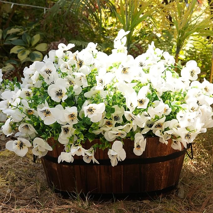 Artificial Flowers for Outdoor, UV Resistant Fake Silk Pansies Flowers, Realistic Faux Plants for Outside Indoor Porch Patio Window Box Planter Home Decor (16, White)
