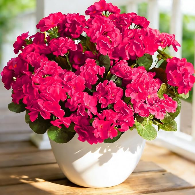 Fake Outdoor Flowers, 4 Pcs Artificial Flowers For Outdoors, Rose Red Artificial Geraniums Plastic Flowers, Fake Plant For Outside, Silk Faux Flowers For Outdoor Planters UV Resistant For Front Porch