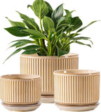 Beige Ceramic Planter Set of 3, 4.3+5.5+6.7 Inch Indoor Plant Pots with Drainage Hole, Saucer & Mesh Pads, Ceramic Striped Decorative Plant Pots for Garden Pots, Outdoor and Indoors Planters