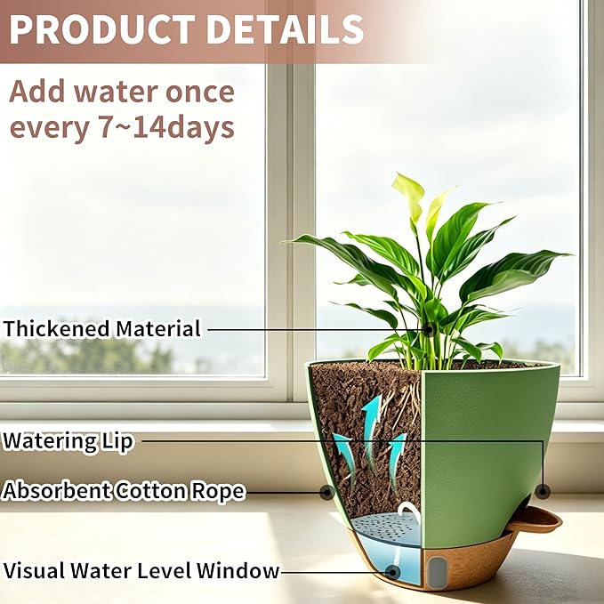 MNKXL 12"/10"/9"/8" Self Watering Pots with Visual Water Window,Extra Large Self Watering Plant Pots with Drainage Holes & Saucers,Green Planters for Indoor Plants,4-Pack