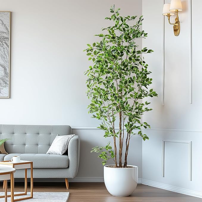 Bailikang Artificial Ficus Tree Indoor 8ft, Large Potted Faux Tree with Realistic Silk Leaves & Trunk for Home Office, Living Room Corner Decor