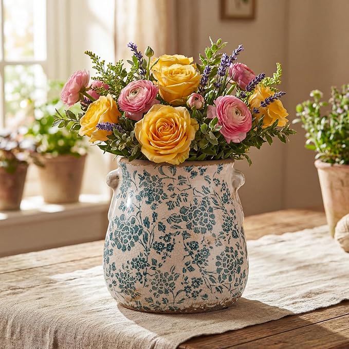 Ceramic Scroll Planter 6.5 Inch Chinoiserie Floral Vase with Drainage Holes Vintage Flower Vase Flower Pot Rustic Ceramic Pots for Indoor Plants Garden Home Bookshelf Decor(Indigo Blue)