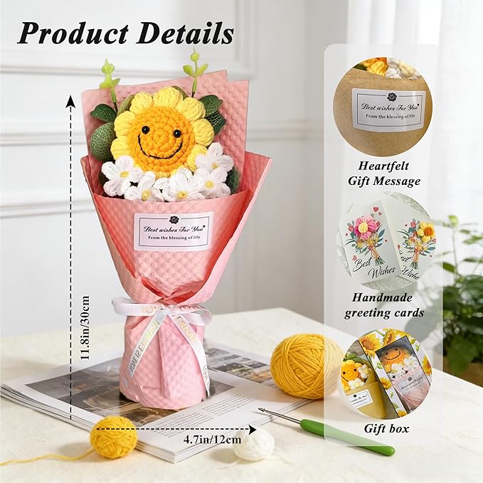 PXFCXVMQ Crochet Sunflower Bouquet,Pink Handmade Knitted Artificial Flower Gift with Card and Box,Smiley Sunflower Bouquet for Graduation, Birthday, Mother's Day,Teacher Appreciation Gift(S-Pink)