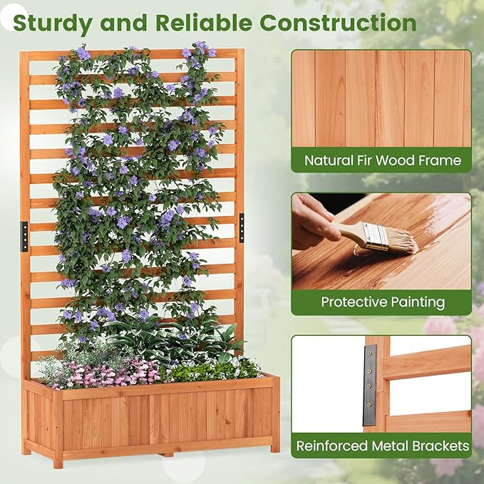 HAPPYGRILL Raised Garden Bed with Trellis, 59" Tall Wooden Elevated Planter Box w/Liner, Drainage, Detachable Base Panel for Climbing Plant Vine Flower, Outdoor Planter w/Trellis for Patio (1)