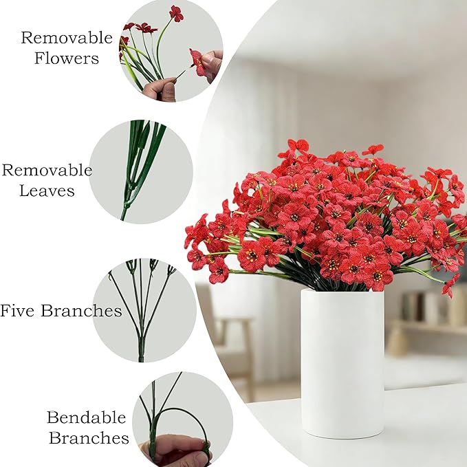 20 Bundles Artificial Flowers for Outdoors, UV Resistant Fake Flowers with Plastic Plants, Faux Silk Flowers for Planter outdoors, Fake realistic flowers For Window Box Front Porch Patio Decor-Red