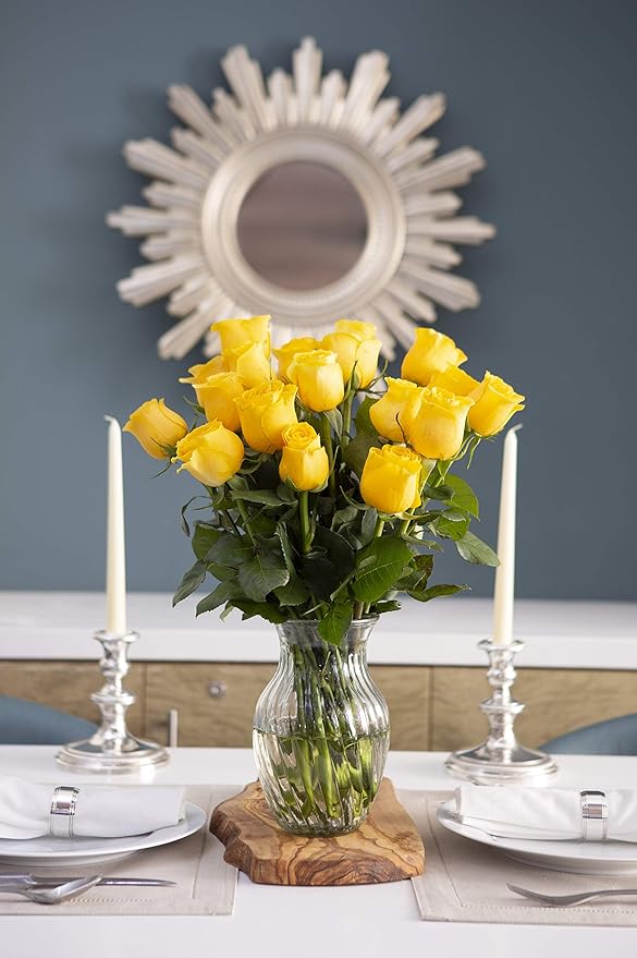 KaBloom - Bouquet of 18 Fresh Yellow Roses (Farm-Fresh, Long-Stem) with Vase - Fresh Flowers for Birthday, Valentine's & Mother's Day