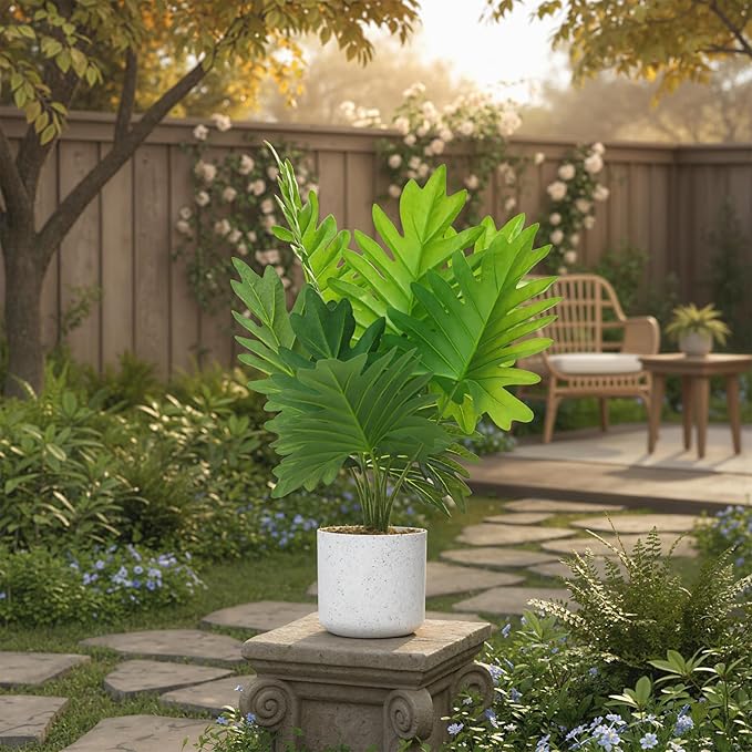 17.7" Philodendron Fake Plants 2 Pack, Artificial Plants Indoor for Home Decor, Faux Green Bonsai Tree in Pot, Cement Moss Base, Evergreen Fake Plants for Living Room & Office