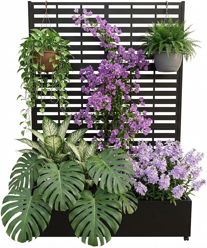 Metal Raised Garden Bed with Trellis & Privacy Screen, 71.5"x47"x16" Galvanized Metal Planter Box with Wheels & Drainage Holes for Patio Balcony Climbing Plants Flowers Vegetable, Black