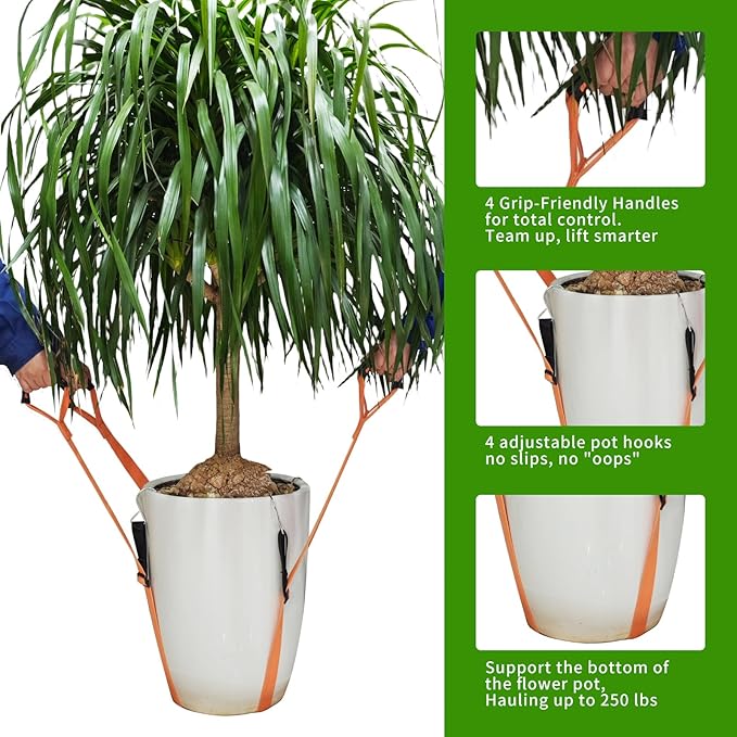 Potted Plant Mover，Plant Lifting Straps for Garden Flower Pots, Planters，Rocks, Trees，Easily Lift and Move Heavy Items Up to 250 Pounds, Large Size,Orange，Patent Pending