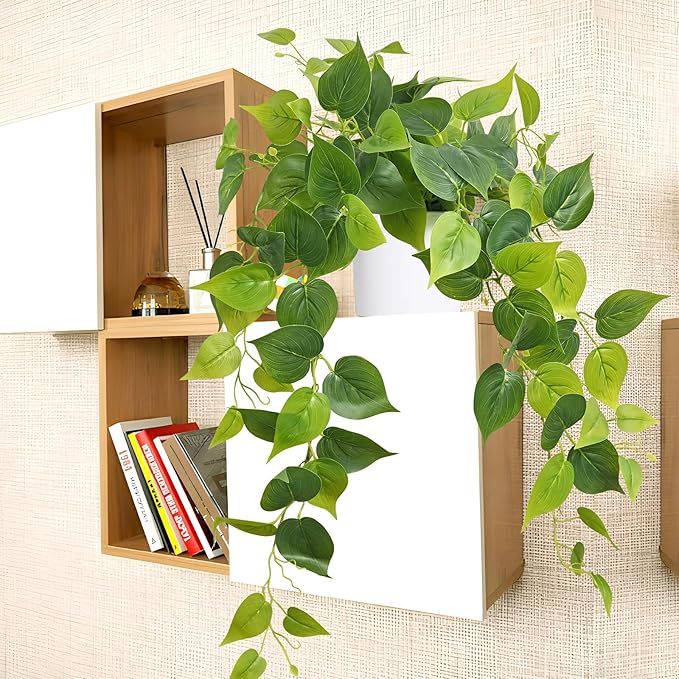 Waipfaru Artificial Plants Indoor, 2Pcs 34" Realistic Fake Pothos Hanging Plants Silk Vines Ivy Potted, Fake Pothos for Living Room Office Bedroom Bathroom Kitchen Shelves Indoor Home Decor