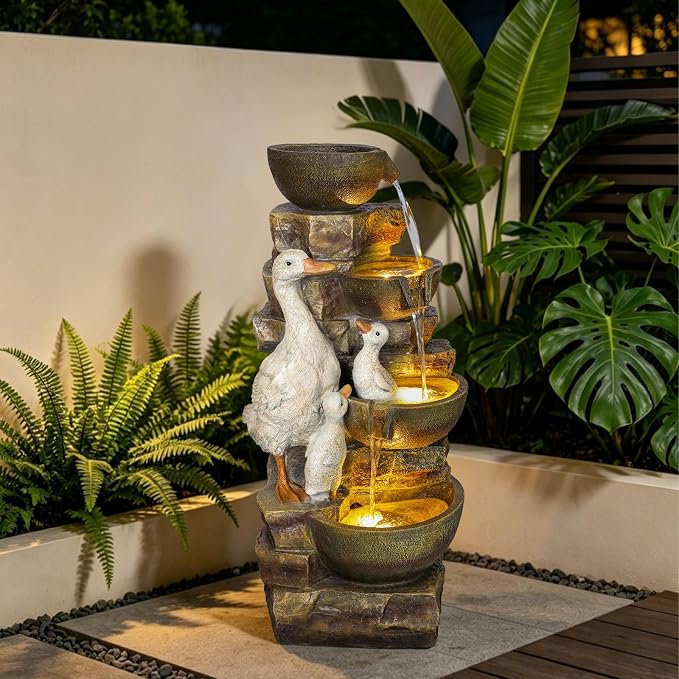 31.5" H Duck Outdoor Water Fountain, 4-Tier Cascading Garden Fountain with LED Light, Resin Waterfalls for Patio, Backyard, Yard, Porch, Front Door