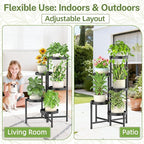 iDavosic.ly Plant Stand with Garden Tools, 5 Tier Corner Metal Flower Display Holder Shelf Indoor Outdoor, Folding Tall Orchid Rack for Patio Balcony Porch Living Room House, Black