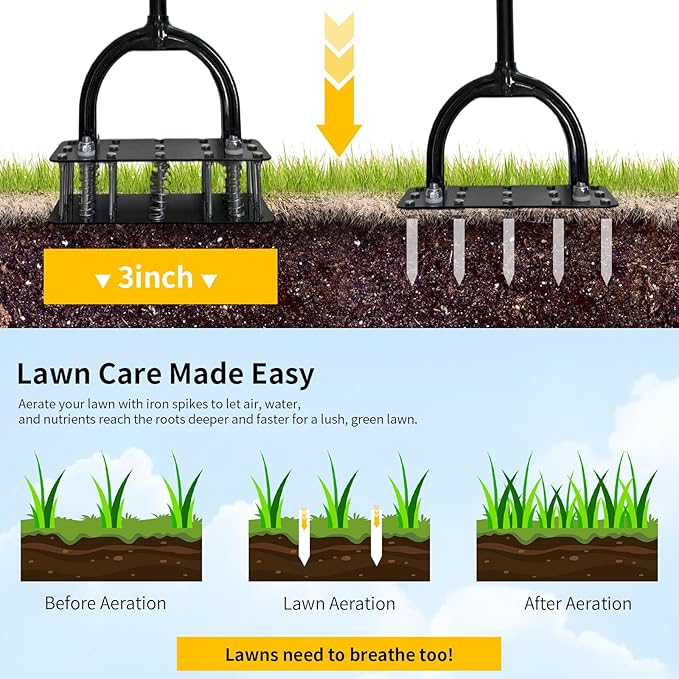 Lawn Aerator, 15x3 Solid Steel Tines for Efficient Aeration, Dual-Spring Auto-Clean to Prevent Clogging, 38" Ergonomic T-Handle & Wide Foot Pedal Used for Courtyard,Garden,Patio