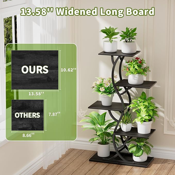 Plant Stand Indoor with Grow Lights - 44" Tall Corner Plant Stands for Indoor Plants, 5 Tiered Metal Plant Shelf, Curved Plant Flower Holder Dispaly Rack for Living Room, Home Patio Balcony (Blackboard)