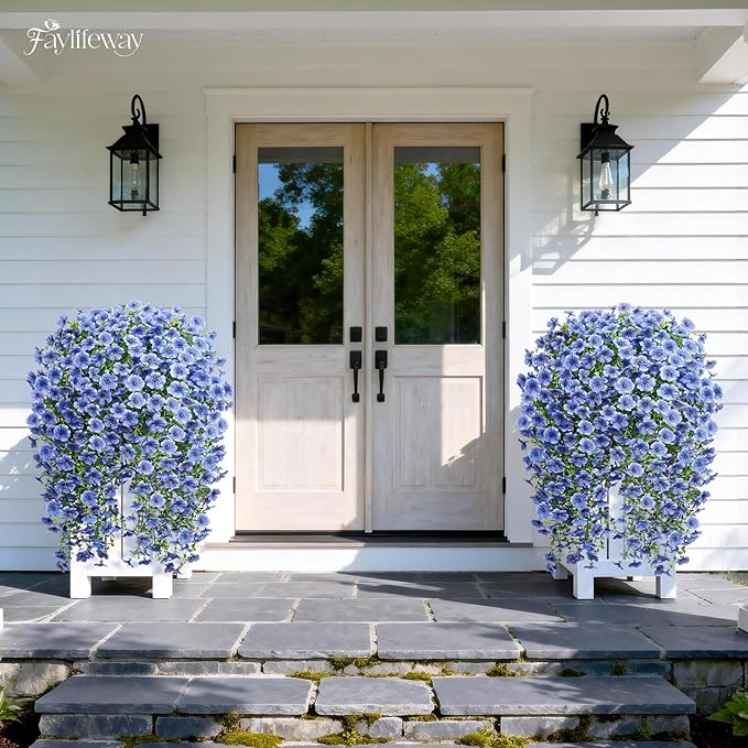 Artificial Hanging Flowers for Outdoors Spring Summer Decoration, 8PCS UV Resistant Silk Fake Hanging Plants for Patio Porch Front Yard Window Garden Indoor Decor(Blue,8PCS)