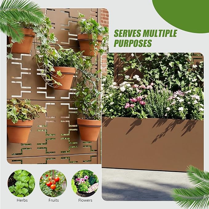 Casaphoria Metal Raised Garden Bed with Trellis, 59"x30"x12" Planter Box for Climbing Plants, Vegetables & Vines, Features Drainage Holes and Privacy Screen, Brown-Brick