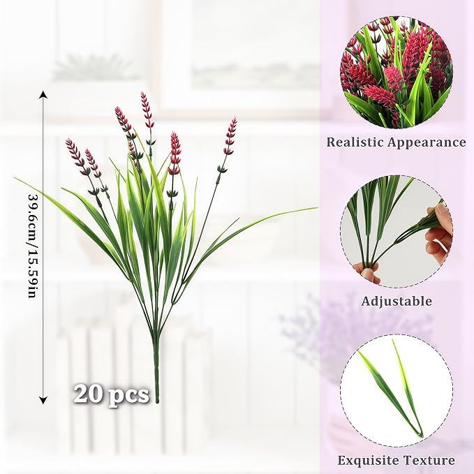 Faux Flowers for Outdoor Planters – 20 Bundles Fake Plants Outdoor, UV Resistant Artificial Plants & Flowers with Fake Monkey Grass, Faux Outdoor Plants for Porch Patio Garden Decor