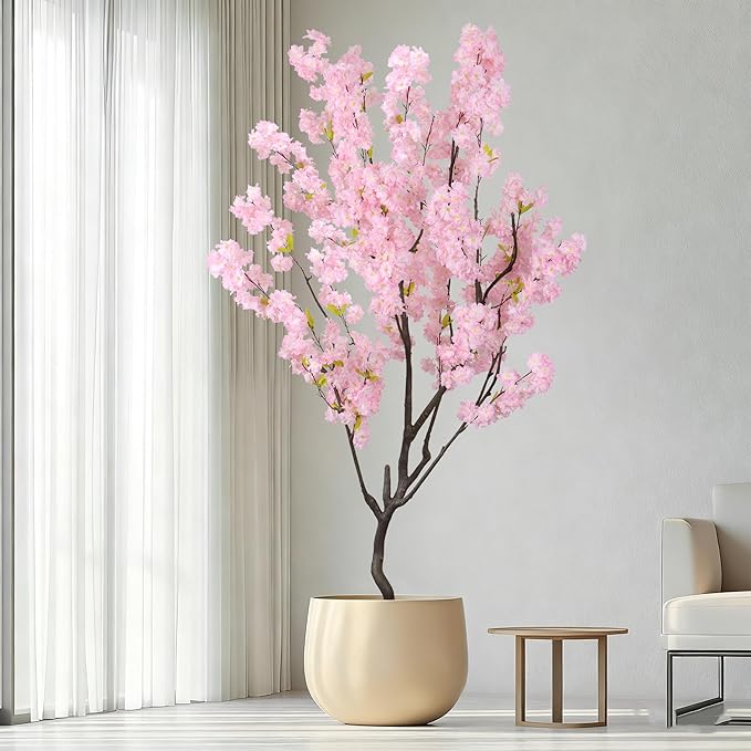Faux Modern Pink Cherry Blossom Tree 7ft(84in)Tall Artificial Japanese Sakura Tree Decor Natural Fake Pink Floral Tree for Wedding Realistic Silk Plant in Pot for Home Living Room,Office,Outdoor Decor