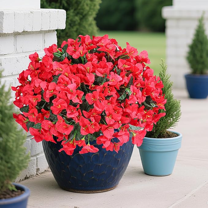Bougainvillea Artificial Flowers for Outdoors Faux Plants Spring Summer Decor, 4 Bundles Red UV Resistant Fake Outdoor Flowers Silk Flowers for Outside Realistic for Planters Patio Porch Garden Home