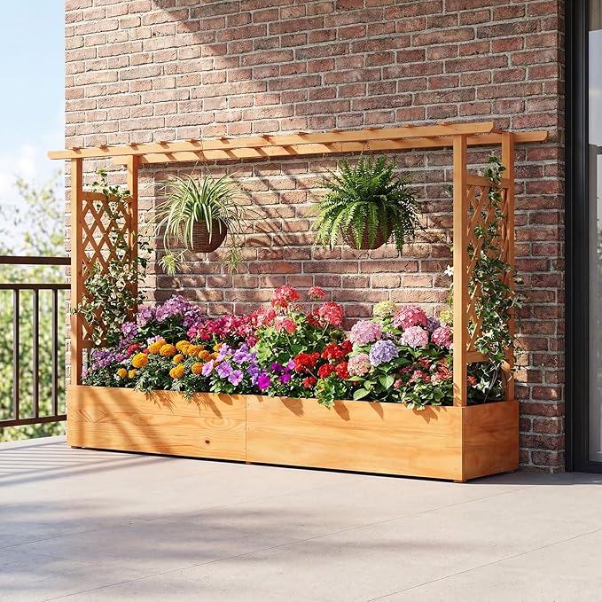 LDAILY Raised Garden Bed with Trellis, Above Ground Garden Bed with Hanging Roof, Side Trellis, & 6 Drainage Holes, Planter Box for Outdoor Climbing Plants Vines Flowers