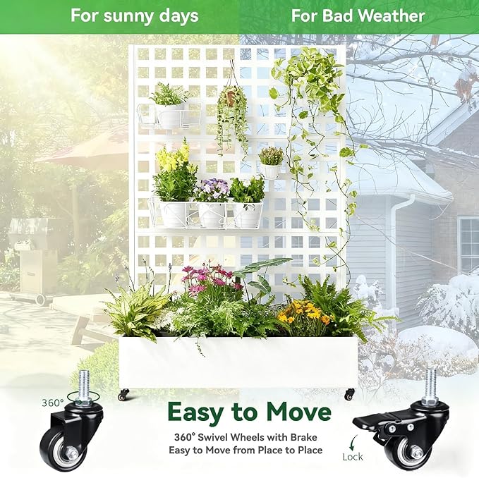 Metal Planter Box with Trellis, 71"x47"x16" Raised Garden Bed Outdoor with Privacy Screen & Lattice Trellis & Lockable Casters, Vertical Garden Box with Drainage Hole for Climbing Plants, Vegetable