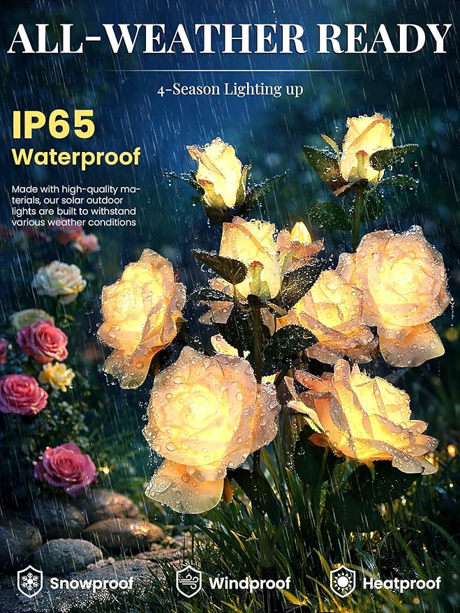 GIGALUMI Solar Lights Outdoor for Garden Decor, 3 Pack Solar Flower Lights Waterproof, 2 Lighting Modes 9 Roses for Pathway,Yard, Patio Decoration, Gardening Gifts for Women (Yellow)
