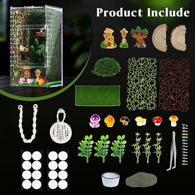 Jumping Spider Enclosure Kit, Small Acrylic Reptile Terrarium with Magnetic Door, Bug Habitat with 30 Pcs Jumping Spider Accessories for Tarantula, Mantis, Small Reptiles, 4" x 4" x 8"
