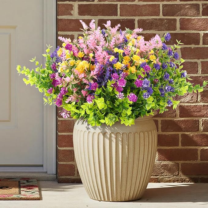 CEWOR 12 Bundles Artificial Flowers for Outdoor Indoor, Fake Silk Multiple Color Flowers, Faux Flower for Garden Front Door Porch Planter Patio Home Decor (Purple Fuchsia Pink Yellow)