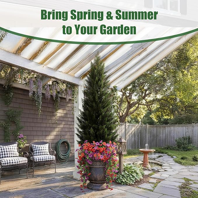 Artificial Topiary Cedar Trees 5FT Tall 2 Set with 12 Bundles Faux Silk Flowers, Outdoor Indoor Faux Pine Shrubs Plants, Fake Bushes Plants for Home Front Porch Door Patio