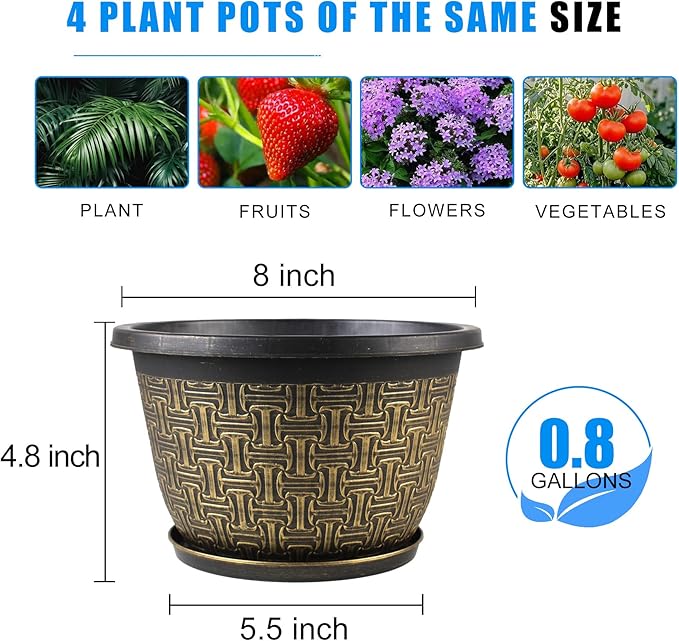 Nooulap 8 Inch Plant Pots, 4 Pack Flower Pot Outdoor with Drainage Holes & Trays, Retro Antique Imitation Decorative Garden Plastic Planters Pots for Plants Indoor Sets for Houseplants