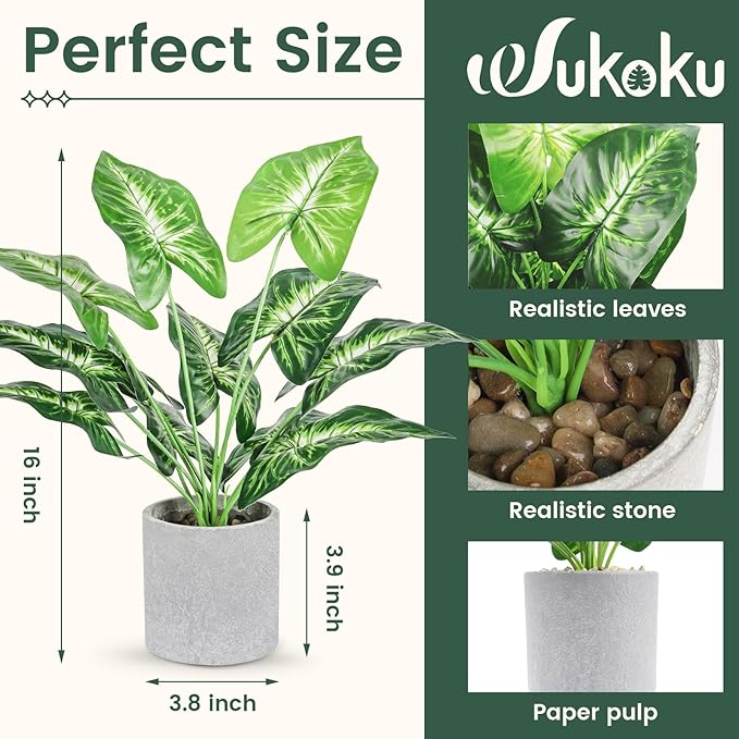 16" Small Fake Plants Artificial Tropical Faux Plants Indoor Desk Plant for Home Office Kitchen Shelf Sage Green Decor