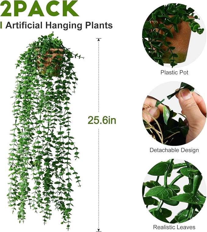 2 Pcs Faux Eucalyptus Vine Ivy Vine Artificial Hanging Plant Faux Plant Fake Potted Greenery for Wall Living Room Home Shelf Office Bathroom Outdoor Indoor Decor (Type 1)