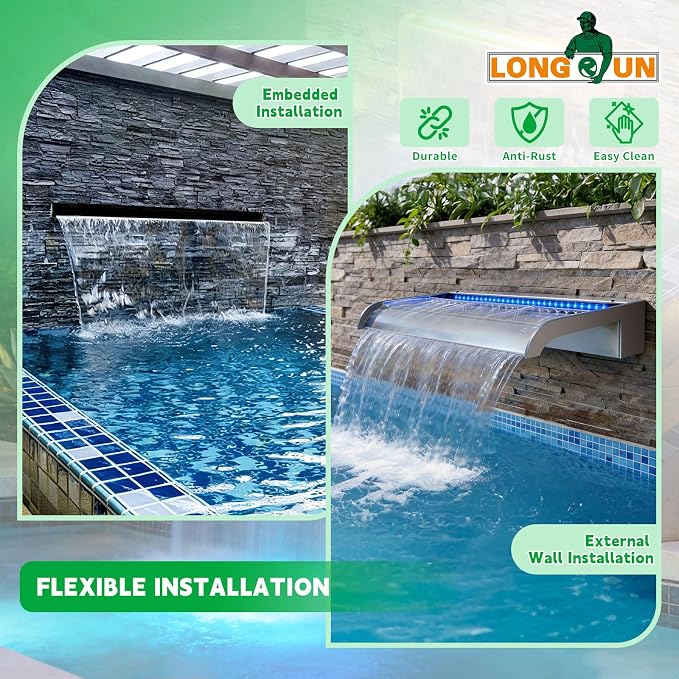 with lid Waterfall Pool Fountain, LONGRUN Acrylic Waterfall Spillway for Pools and Ponds - 11.8" Wide Decorative Water Feature for Swimming Pools, Koi Ponds, and Garden