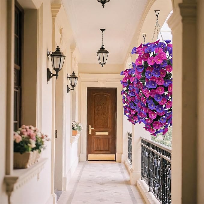 Artificial Flowers for Outdoors Fake Fuchsia Purple Morning Glory Hanging Flower Decoration, 2Pcs Realistic Faux Plants Petunias Long Trailing Vines,Spring Decor for Porch Patio Balcony Planter Yard