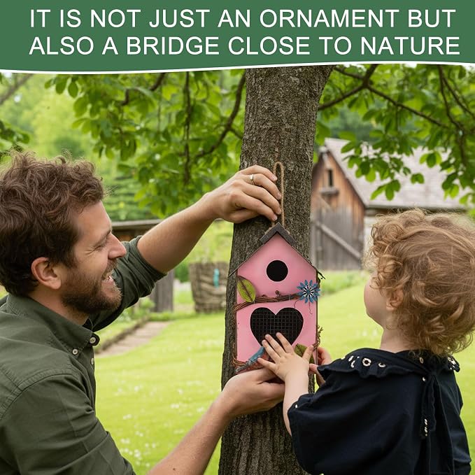DoubleFill 2 Pcs Birdhouses for Outdoor Hanging Yard Outside Wooden Birdhouse Hand Painted Bird Box for Bird Lovers Bluebird Tree Garden Decor Decorative Birdhouse(Pink,Yellow,Iron Roof)