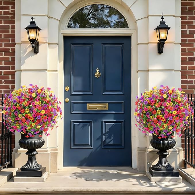 SHareconn 24 Bundles Artificial Flowers for Outdoors Decoration, Faux Plants Fake Silk Colorful Daisy Eucalyptus Lavender, UV Resistant for Outside Home Porch Indoor Spring Decor, RedRosyPurpleYellow
