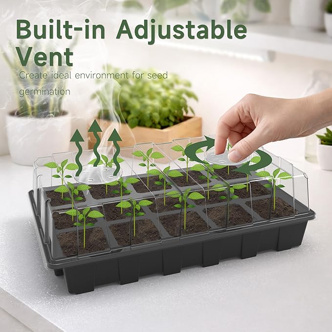 Gardzen 5-Pack Seed Starter Kits, Reusable Plant Germination Trays with Total 75-Cell, Seed Starter Tray with Humidity Vented Domes and Bases for Starting Vegetable Flower Herb Seeds 15" x 9"