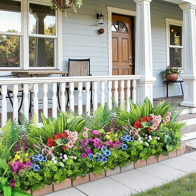 Alupssuc 48Pcs Artificial Flowers and Plants,UV Resistant & No Fade Fake Plastic Greenery Shrubs for Home Garden, Pathway, Front Porch-Spring Summer Decor, Indoor/Outdoor Use, Red Purple Pink Blue
