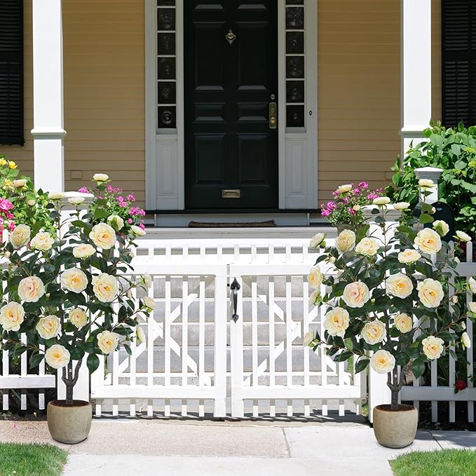 3.6FT Artificial Camellia Fake Tree, Artificial Plants & Flowers with 32 Yellow Pink Flowers for Door Front Decoration Porch Patio Living Room Office Indoor Outdoor Decoration (Contains Faux Moss)
