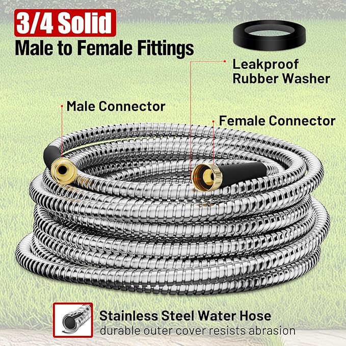 Short Garden Hose 3 ft, Male to Female Heavy Duty Stainless Steel Small Water Hose Extende Connector, Flexible No Kinks, Leakproof 3/4 in Fittings, Lightweight Leader Hosefor Patio, Lawn